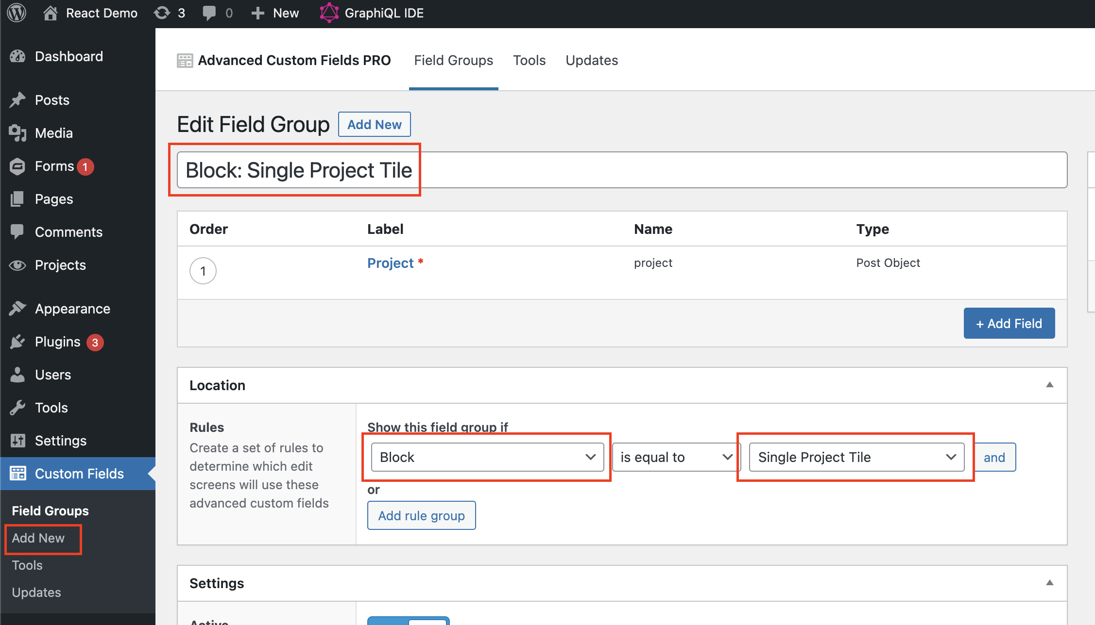 Adding an ACF Field Group for a Block